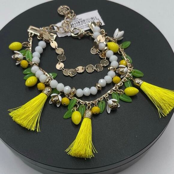 Lilly Pulitzer Lemon Grove Triple Strand Beaded Tassel Gold Tone Bracelet New - Picture 1 of 8